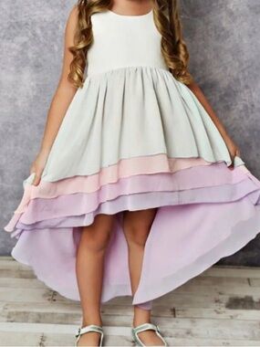 Girls Pastel High-Low Tiered Dress — White, Pink & Lavender